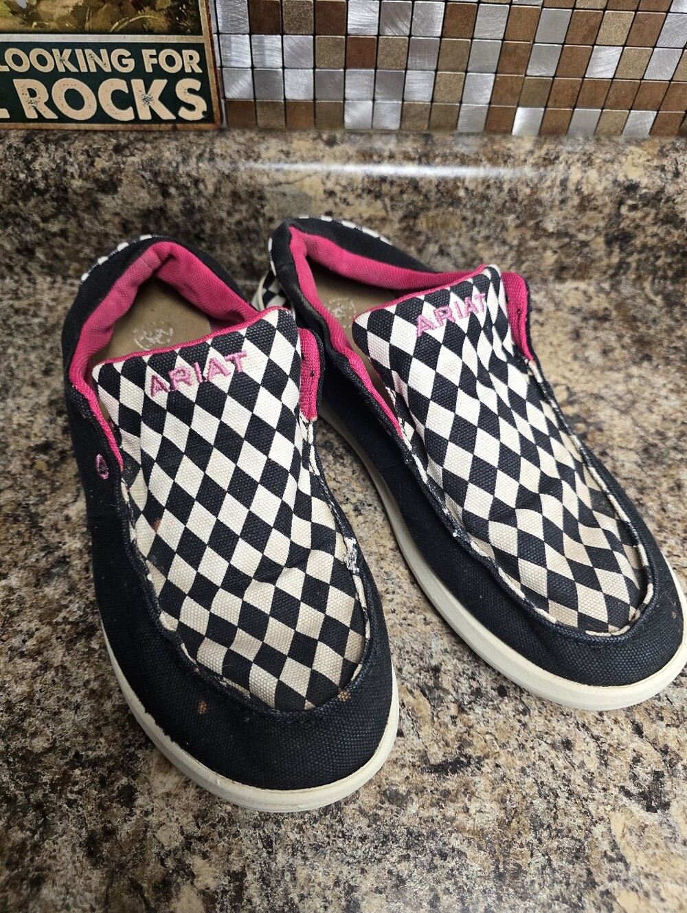 Ariat Black & White Check Slip-On Sneakers with Pink Accents
